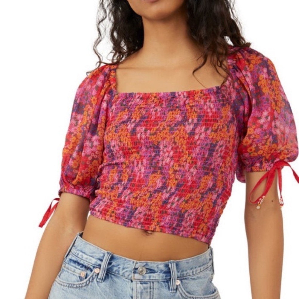 NWT Free People Smocked Puff Sleeve Crop Top
